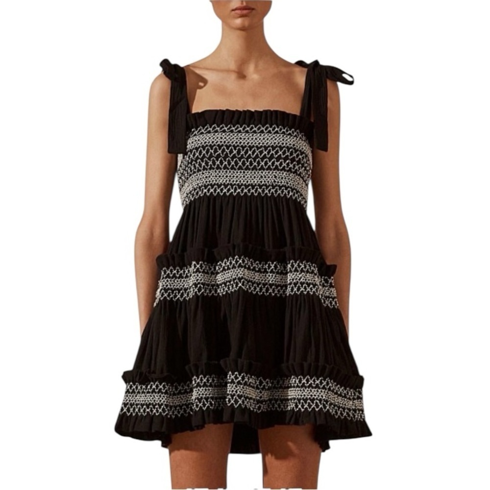 Shona Joy - Shirred Tiered Black and White Ruffled Mini Sundress Sz 4